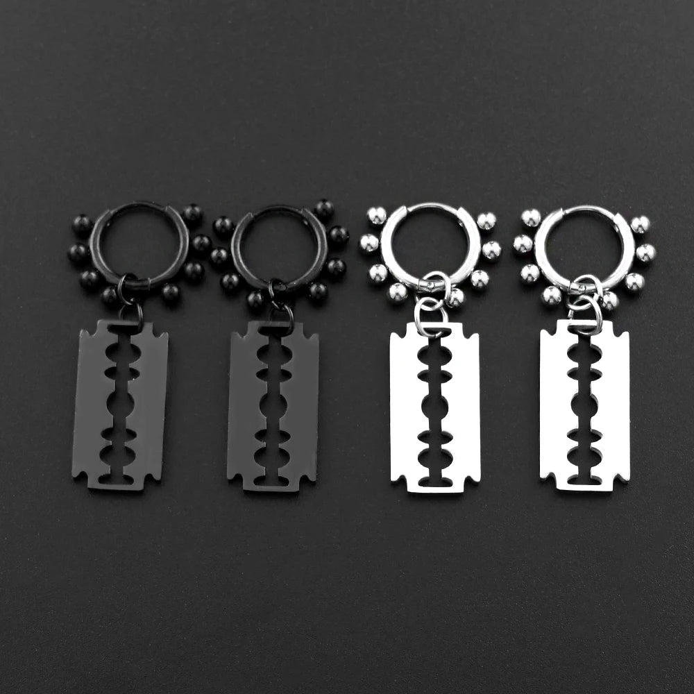 Punk Gothic Razor Blade Drop Earrings for Women Men Black Silver Color Hip Hop Stainless Steel Beads  Earring Rock Party Jewelry