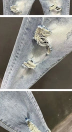 Luxury Fashion Designer Clothes Ripped Jeans Men's Trendy Brand 2025 Summer Ruffian Handsome Slim-fit Pants Elastic Thin Pants
