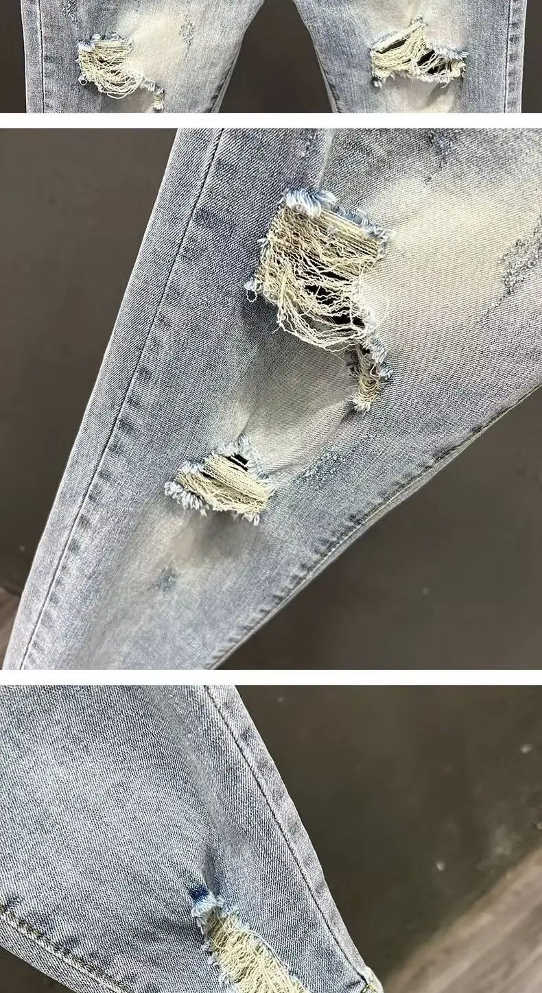 Luxury Fashion Designer Clothes Ripped Jeans Men's Trendy Brand 2025 Summer Ruffian Handsome Slim-fit Pants Elastic Thin Pants