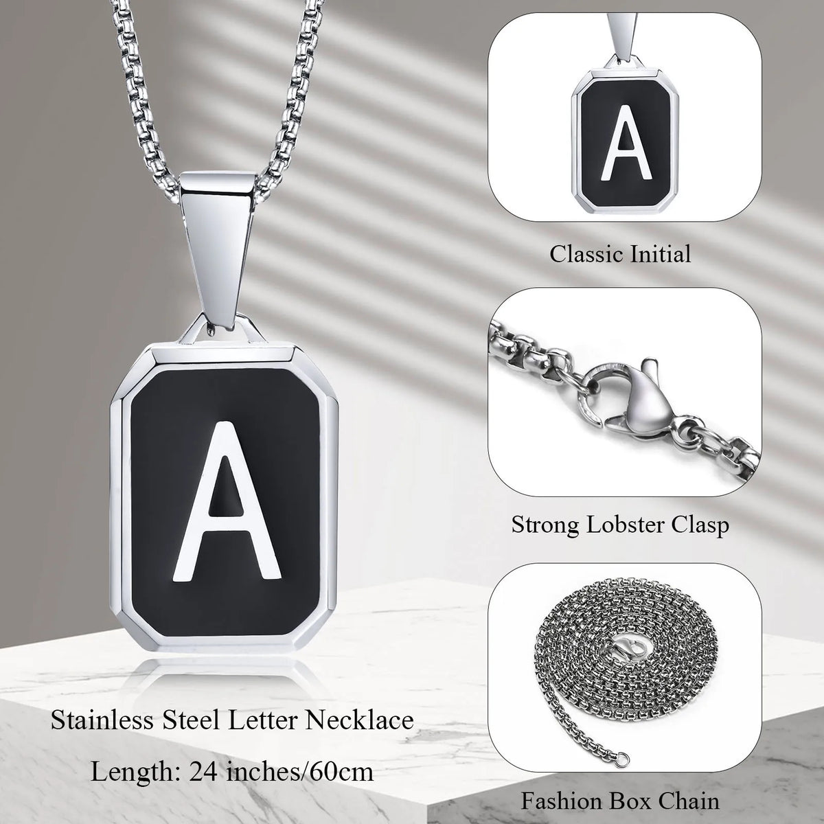 Stylish Initials Square Necklaces for Men Boys,A-Z 26 Letters Stainless Steel Pendant Collar Gifts,50/55/60/70cm