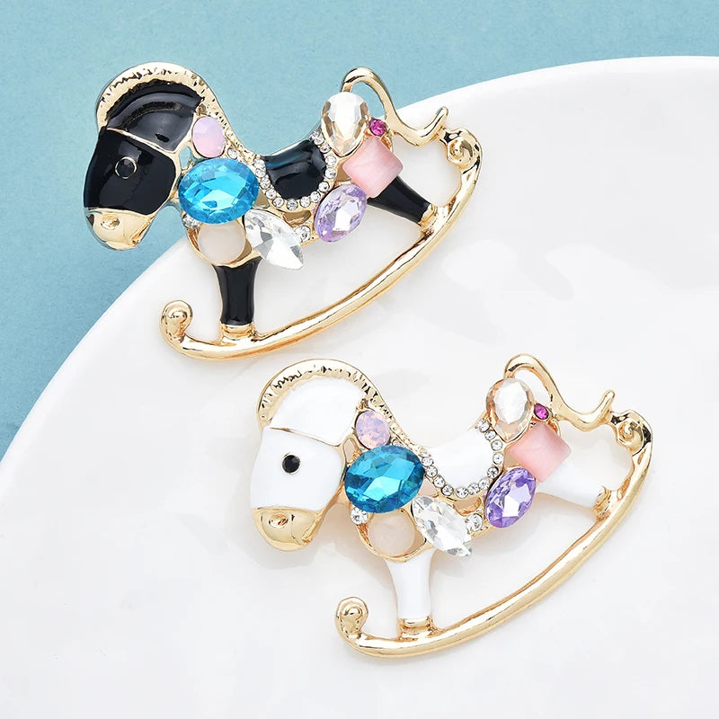 Wuli&baby Cute Crystal Amusement Park Carousel Enamel Horse Brooch Pins For Women Fashion Jewelry Accessory Gift