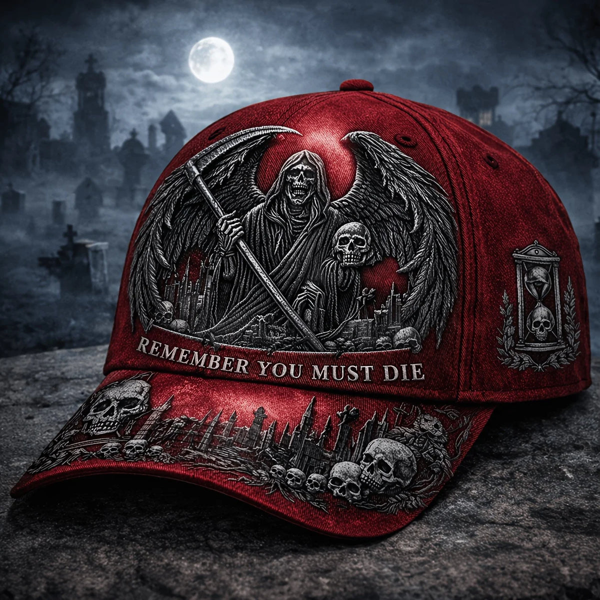 Grim Reaper Gothic Baseball Cap with Winged Skull & "Remember You Must Die" Quote - Adjustable Strap, Dark Cemetery Night Artwor