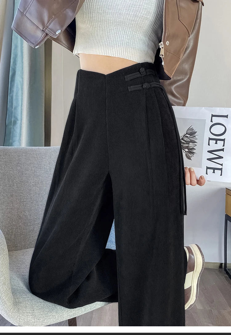 Corduroy pants women autumn and winter new Chinese style buckle casual thick solid color versatile wide leg pants