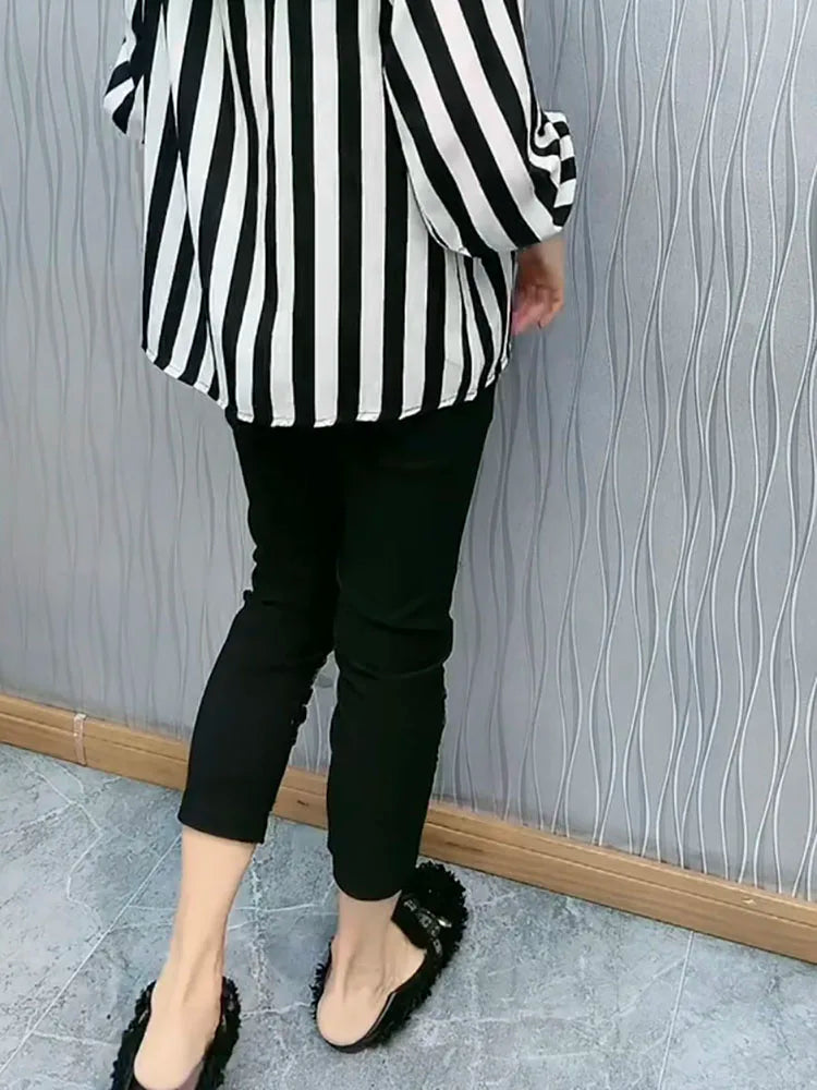 European Heavy Industry sequin bead design fashioneight point cigarette tube pants women's elastic high waist slim casual pants