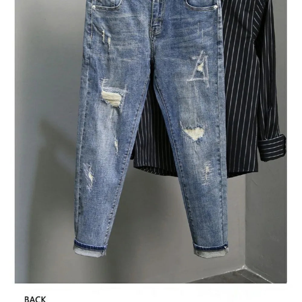 Casual Spring and Autumn Slim Denim Pencil Pants Men's Jean 2024 New Broken Hole Slim Fit Beggar Design High Street Washed Jeans