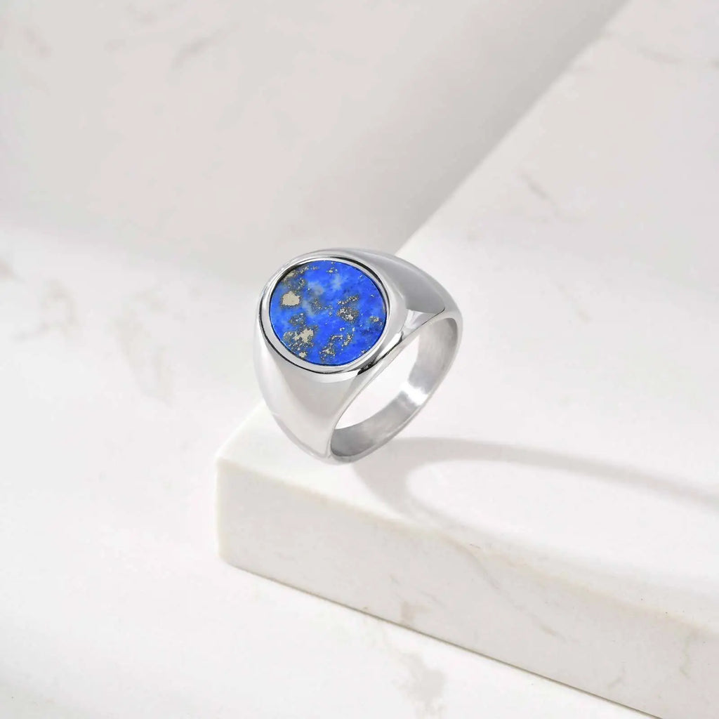 Blue Natural Stone Oval Ring for Men,Lapis Lazuli Stainless Steel Waterproof Ring,Cool Hip Hop Jewelry Gift