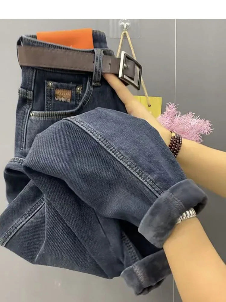 Autumn Winter High Waist Straight Jeans Women Loose Fit Stretch Haren Denim Pants Vintage Ladies Ankle-Length Jeans Pants 5XL