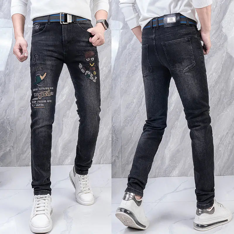 Original Brand Men's Clothing Autumn and Winter New Trend Letter Embroidered Jeans Men's Slim Fashion Korean Elastic Trousers