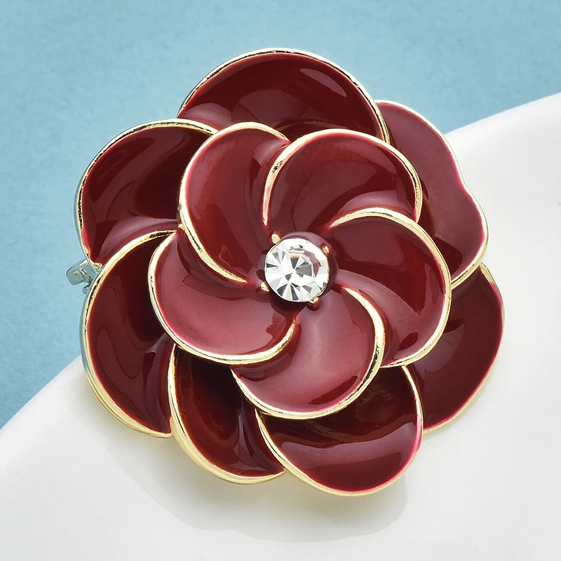 PENDRA Camellia Red Enamel Flower Brooch