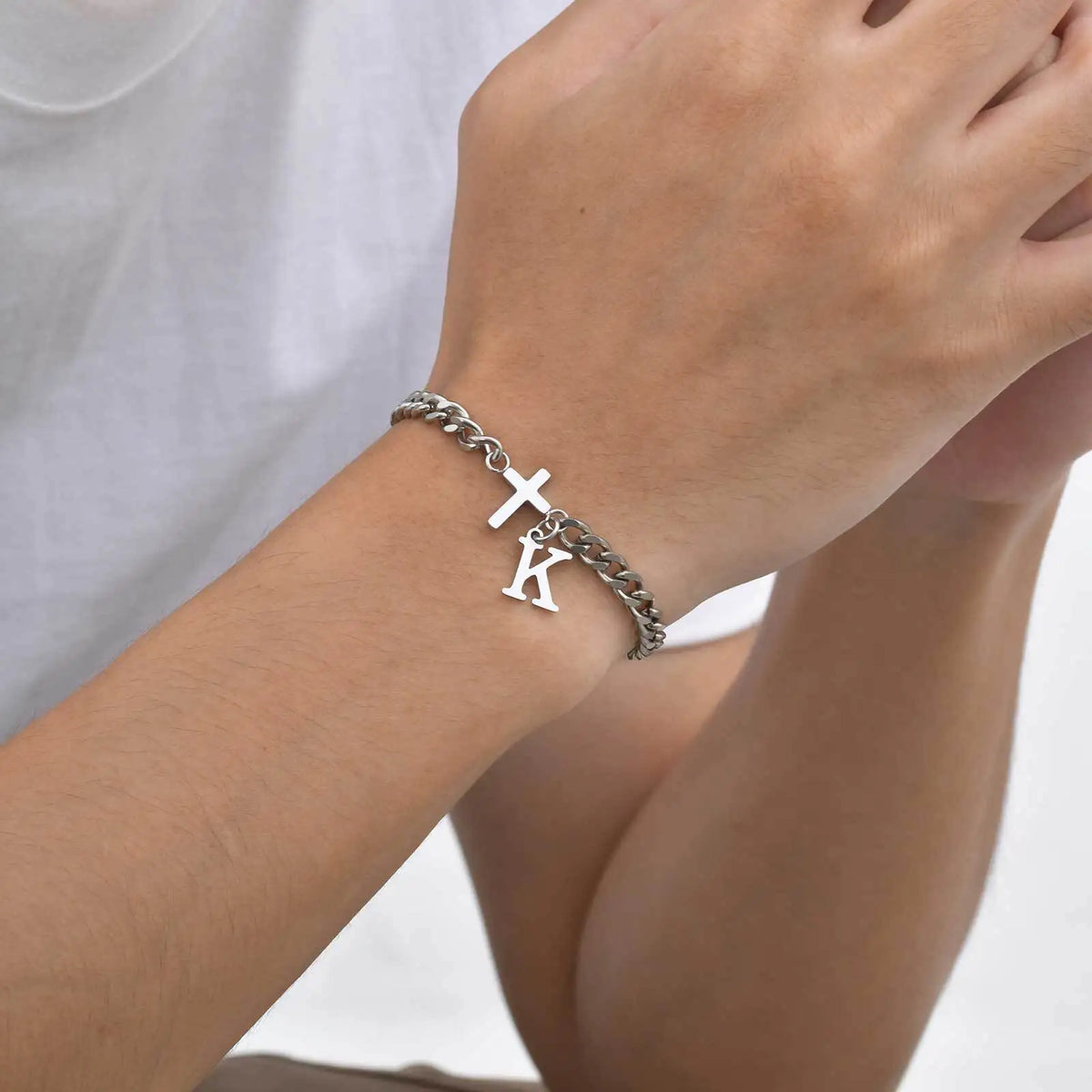 Men's Initials Cross Bracelets,Never Fade A-Z 26 Letters Stainless Steel Chain Links Cross Wristband,Stylish Simple Jewelry Gift