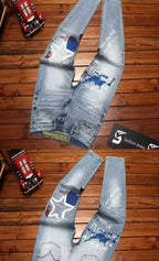 Spring Autumn Korean Popular Clothes Jeans Men's Printed Slim-fitting Pants 2026 New Stretch High-end Elastic Casual Trousers