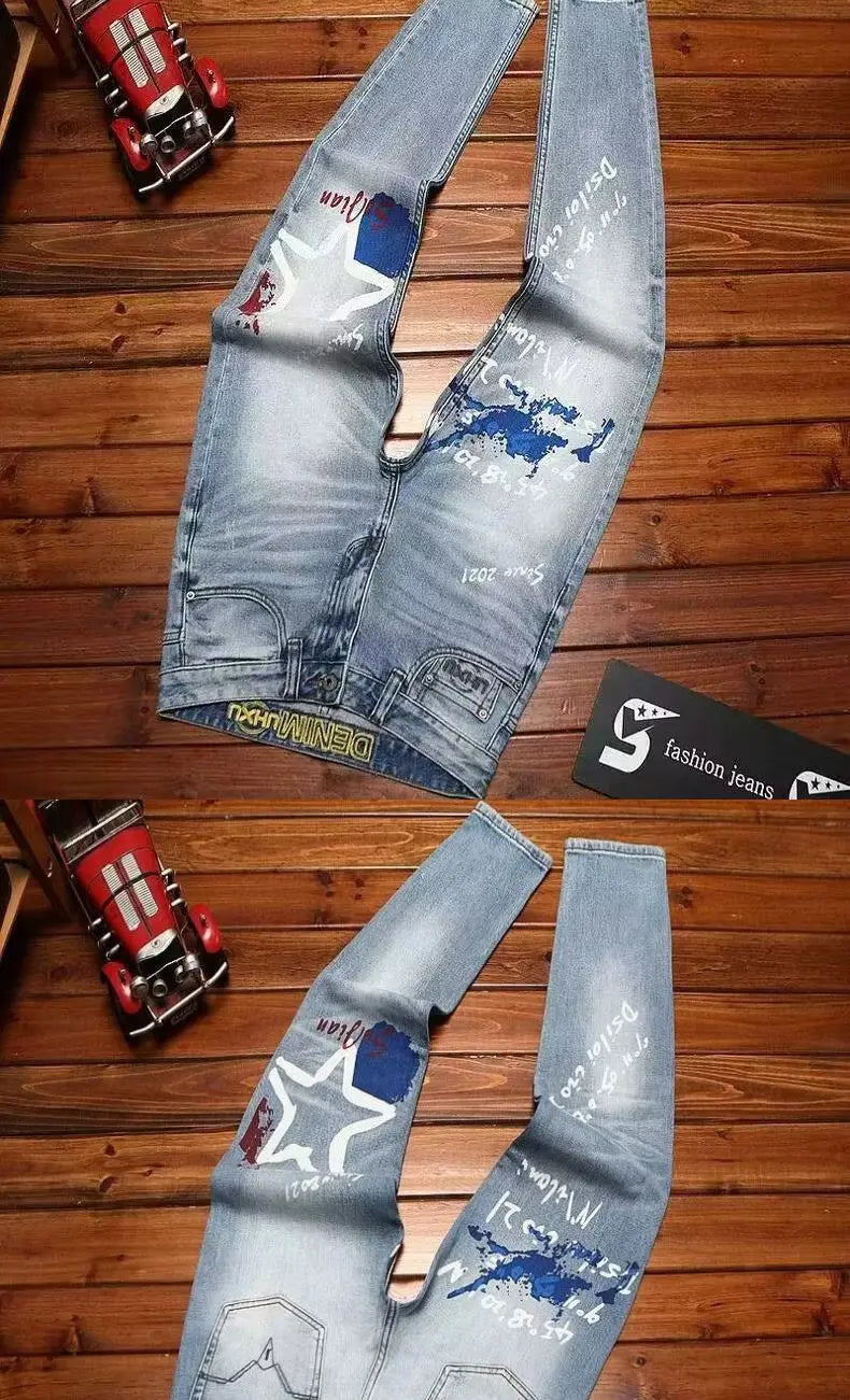 Spring Autumn Korean Popular Clothes Jeans Men's Printed Slim-fitting Pants 2026 New Stretch High-end Elastic Casual Trousers