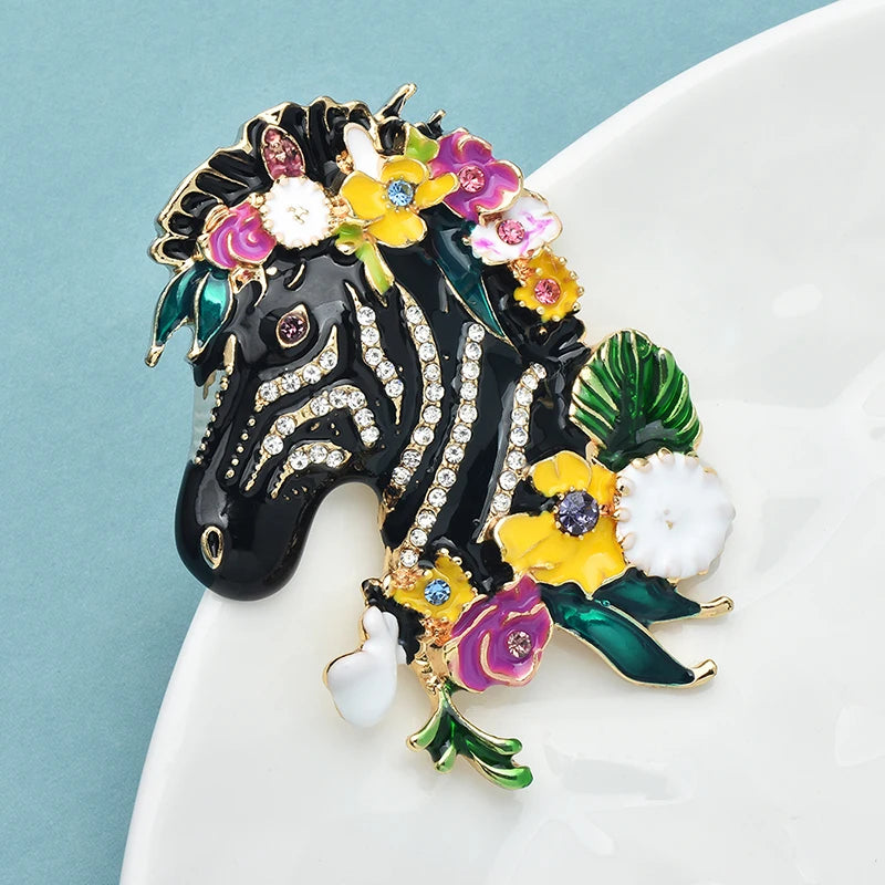 PENDRA Floral Zebra Enamel Animal Brooch