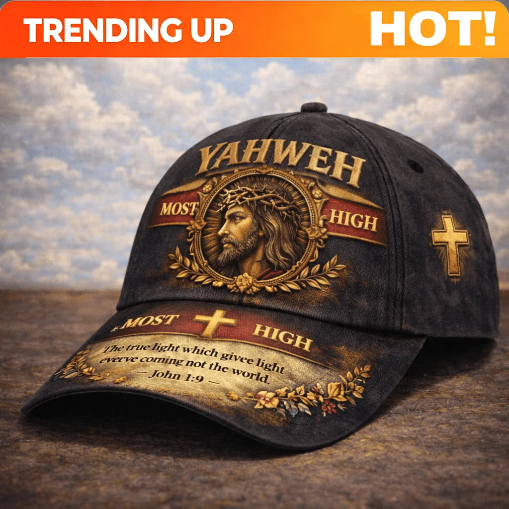 Christian Religious Baseball Cap with Jesus Portrait & Cross - John 1:9 Scripture Verse, Yahweh Most High - Unisex Adjustable Ch