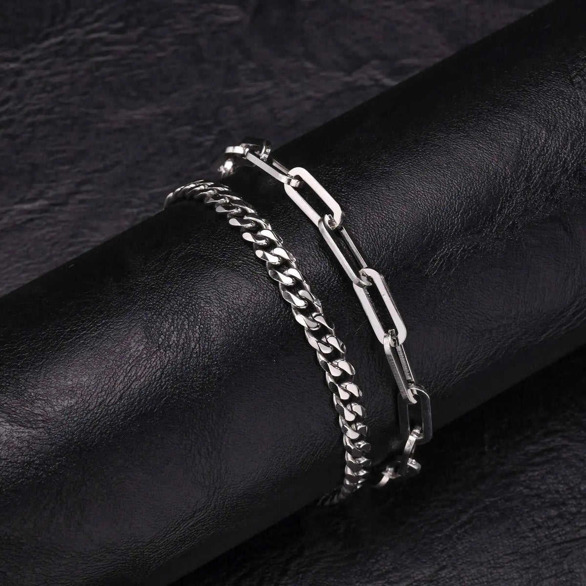 2pcs Men's Cuban Chain Bracelets,Stainless Steel Rectangular Chain Bracelet,Hiphop Causal Jewelry Gift