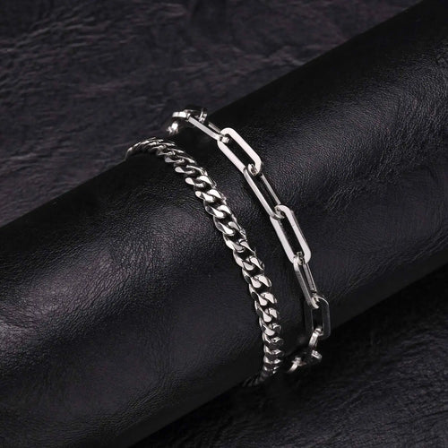 2pcs Men's Cuban Chain Bracelets,Stainless Steel Rectangular Chain Bracelet,Hiphop Causal Jewelry Gift