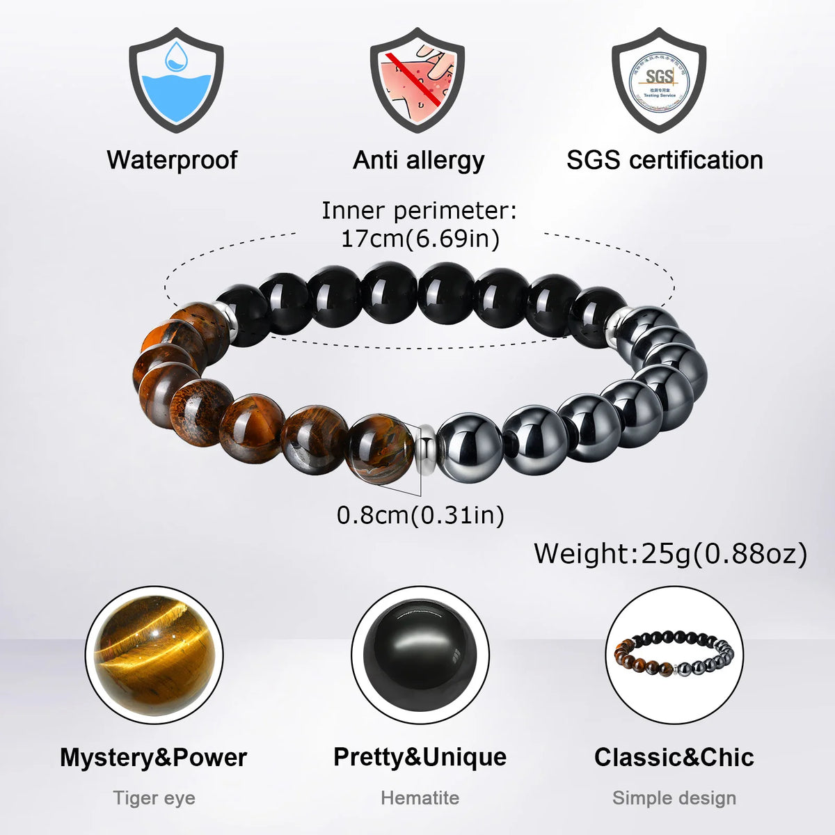 Black Stone Bead Bracelet for Men Boys,Obsidian Tiger Eye Metal Beaded Elastic Wristband,Casual Jewelry Gifts