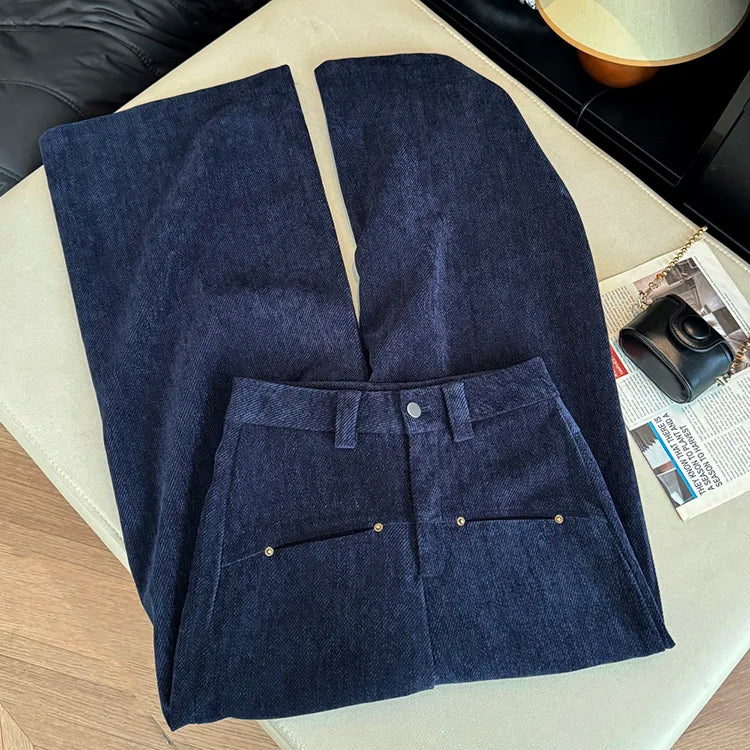 Deep blue wide leg casual pants women's autumn and winter 2025 new loose thick fashion versatile striped straight leg pants