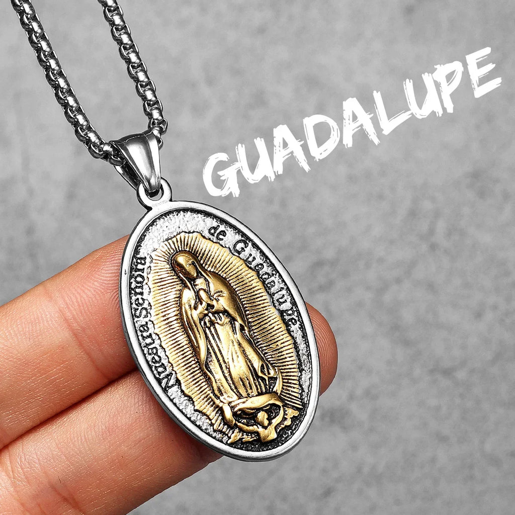 Virgin Mary Guadalupe Angel Cross Stainless Steel Men Necklaces Pendant Chain Amulet For Women Fashion Jewelry Gifts Wholesale