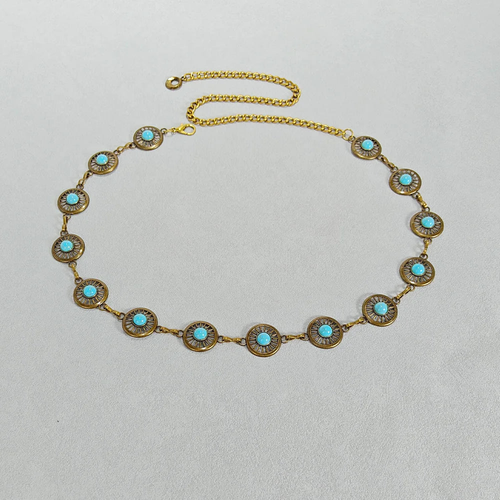 Silver Bohemian Female Metal waist chain Belt luxury Blue Gemstone Ellipse Designer Belts for Women Long Waistband Punk