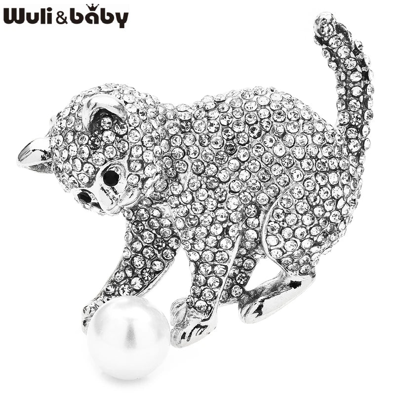 Wuli&baby Lovely Playing Ball Cat Brooches For Women Unisex 4-color Shining Rhinestone Pets Animal Party Casual Brooch Pins Gift