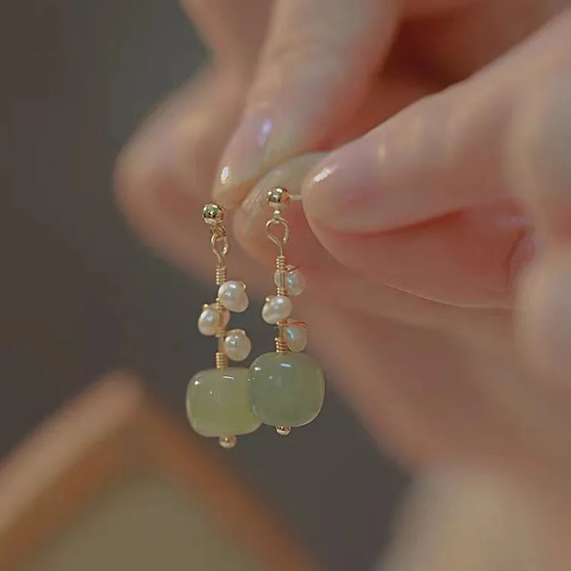 VENTFILLE 925 Silver Gold Color Hetian Jade Earrings for Women Girls Festival Gift Green Round Jewelry Dropshipping Wholesale