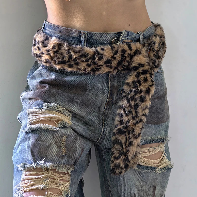 Leopard Print Plush Belt Fashionable Warm Hip-Hop Adjustable Accessories Jeans Belt Personalized Dirty Style Belt