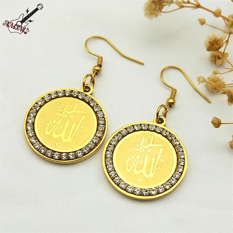 Muslim Islamic Religious Crystal Hoop Earrings For Women Men Stainless Steel Gold Color Islam Quran Allah Earring Arabic Jewelry