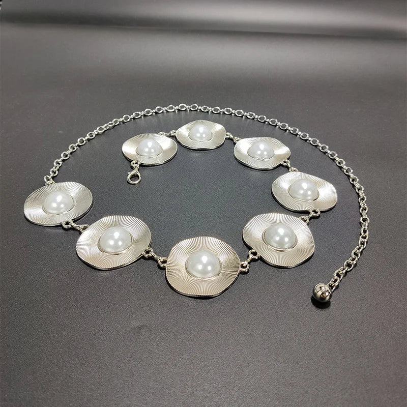 Luxury Designer Big Faux Pearls Chain Belt Female Elegant Belt For Women Dresses Jeans Waistband Exaggerated Body Accessories