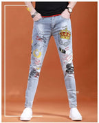 Spring Autumn Harajuku Fashion Art Craft Graphical Paintings 2000s Streetwear Male Slim Boyfriend Stylish Pants Denim Jeans Men