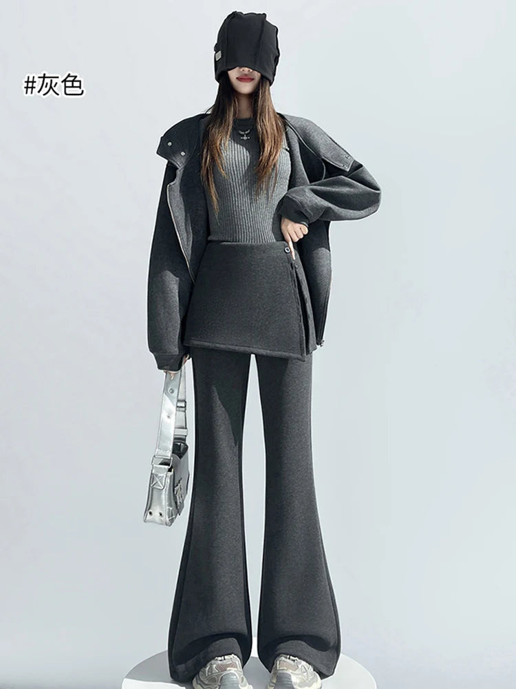 Fake two pieces fart curtain slightly flared pants women autumn winter high waisted buttons slimming floor hugging pants
