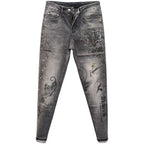 Spring and Autumn 2025 New Men's Jeans Gray Trendy Tiger Head Hot Diamond Printing Slim-fit Small Feet Trousers Men's Clothing