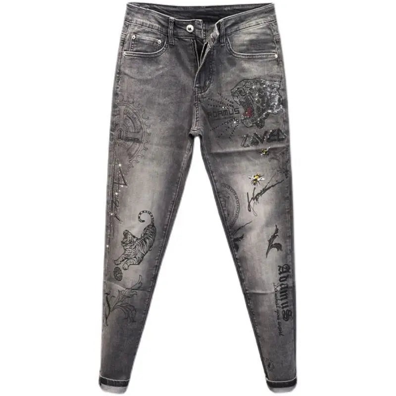 Spring and Autumn 2025 New Men's Jeans Gray Trendy Tiger Head Hot Diamond Printing Slim-fit Small Feet Trousers Men's Clothing