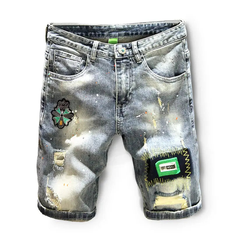 Summer Luxury Trendy Brand Denim Shorts Men's Pants Ripped Slim-fitting Elastic Washed Japanese Embroidery Patch Medium Pants