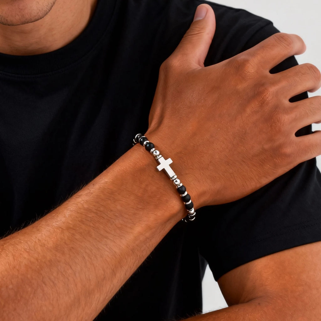 Trendy Men's Natural Stone Beaded Bracelet,Bohemian Cross Charms Chain Wristband,Jewelry Gift for Husband Dad Son