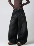 Women's American Vintage Applique Embroidery Design Black Loose Wide-Leg Jeans Y2K Street Trend Fashion Versatile Cocoon Pants