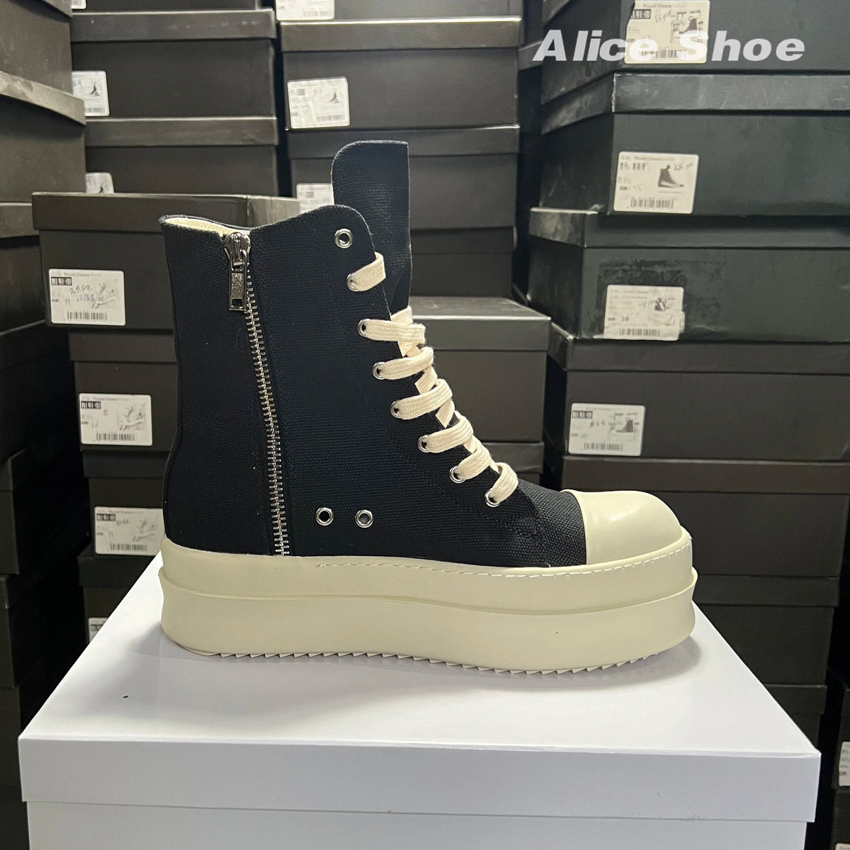 PENDRA Italy Gothic Black Canvas 6cm Platform Zip Ankle Boots