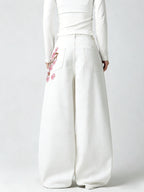 Women's White Embroidered High-Waist Loose Wide-Leg Jeans Y2K Street Trend Comfortable Everyday Versatile All-Season Pants