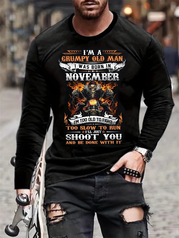 Vintage Motorcycle Print Men's Long Sleeve T-shirt Autumn Daily Head Fashion Men's Top Motorcycle Enthusiast Long Sleeve T-shirt