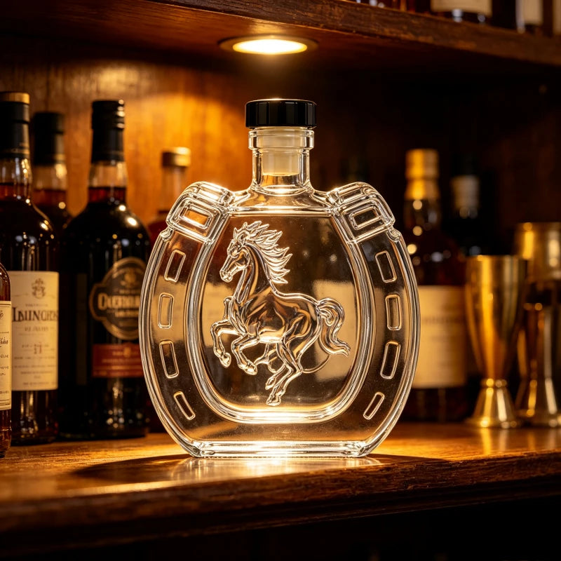 Clear Horseshoe Shaped Liquor Decanter 350ML Embossed Horse Glass Wine Bottle Whisky Container Home Bar Decoration