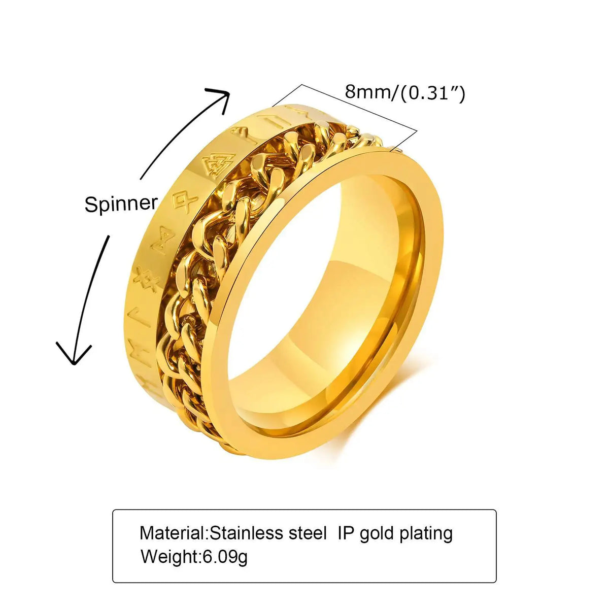 Viking Rune Chain Spinner Ring for Men,Stainless Steel Rotatable Ring,Vintage Norse Stress Relief Jewelry Gift