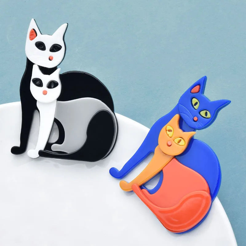 Wuli&baby Acrylic Two Cats Brooches For Women 2-color Lovely Pets Animal Party Casual Brooch Pins Gifts
