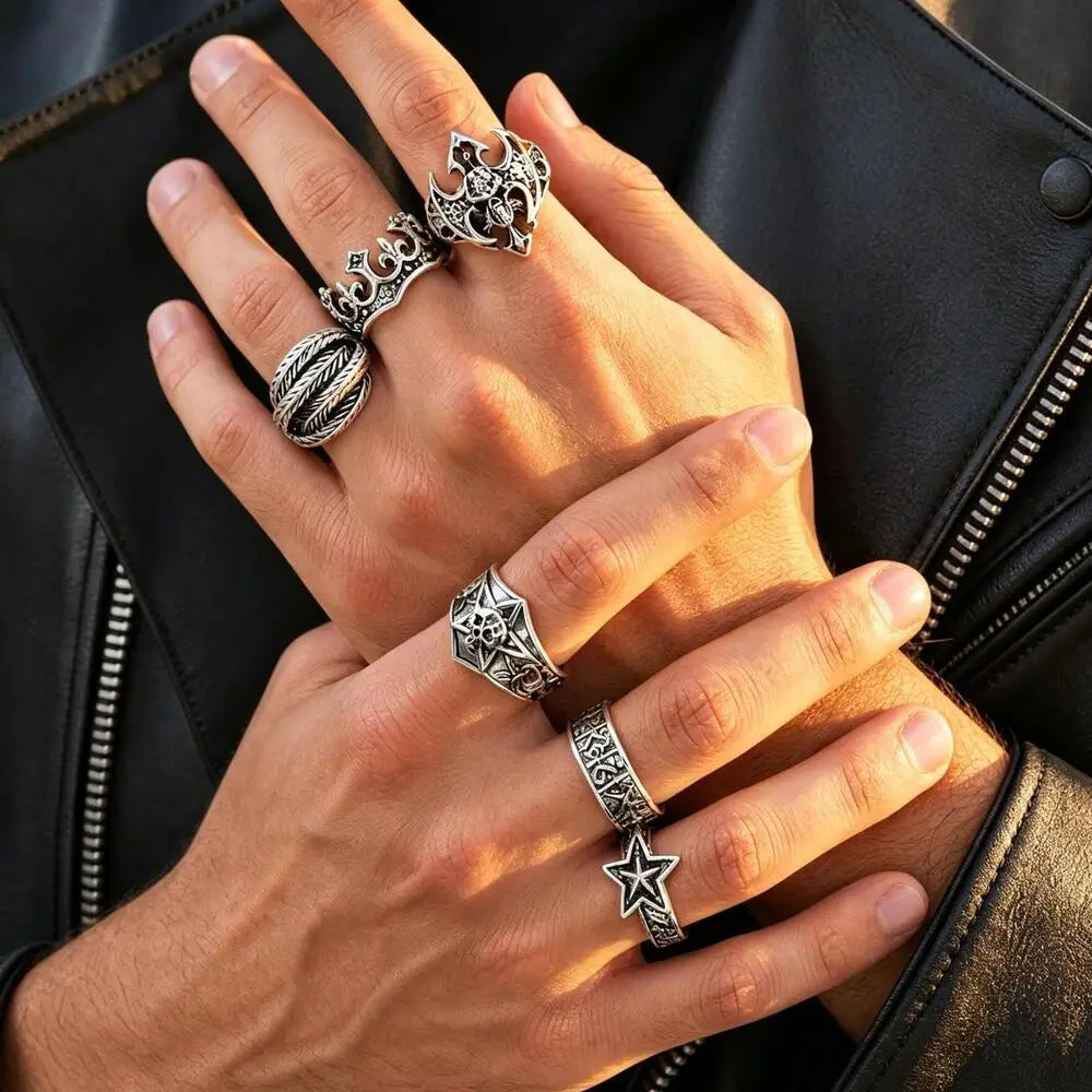 6Pcs Gothic Punk Open Ring Set for Men,Vintage Skull Bat Crown Star Adjustable Stackable Rings,Hip Hop Halloween Jewelry Gift