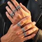 6Pcs Gothic Punk Open Ring Set for Men,Vintage Skull Bat Crown Star Adjustable Stackable Rings,Hip Hop Halloween Jewelry Gift