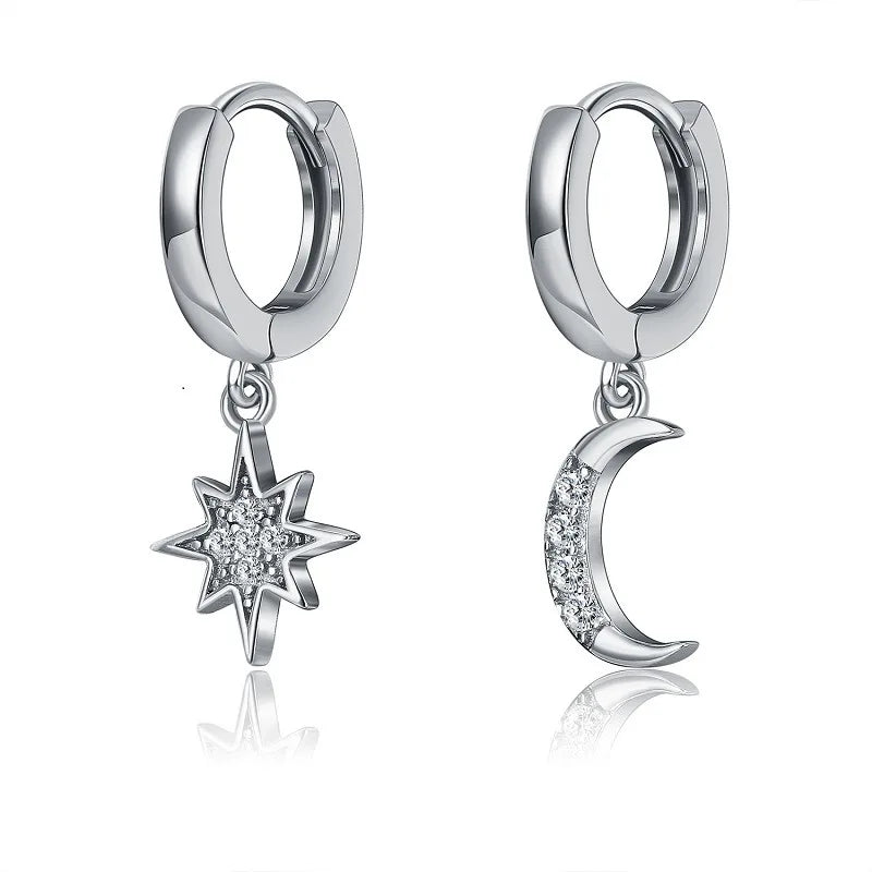 VENTFILLE 925 Sterling Silver CZ Star Moon Asymmetric Hoop Earrings for Women Girls Gold Silver Color Party Jewelry Gifts