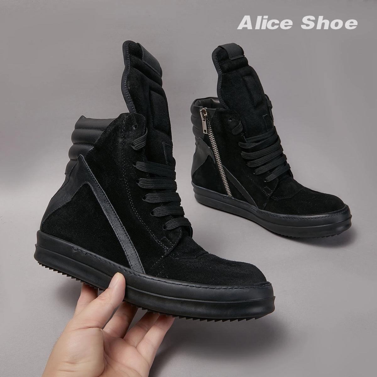 PENDRA Dark Suede Black Suede High-Top Flat Zip Ankle Boots