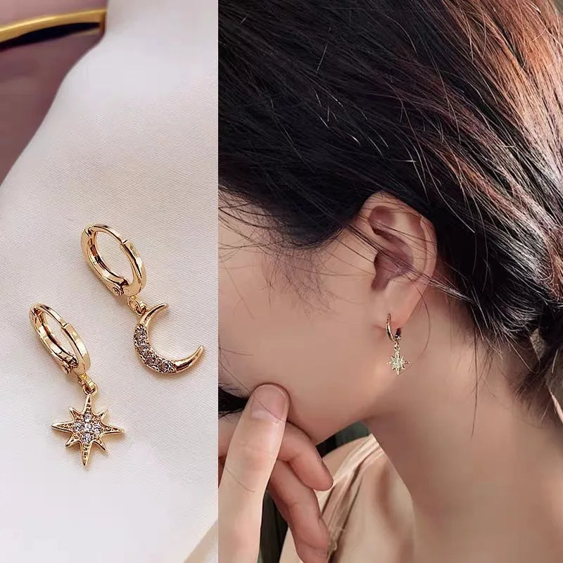 VENTFILLE 925 Sterling Silver CZ Star Moon Asymmetric Hoop Earrings for Women Girls Gold Silver Color Party Jewelry Gifts