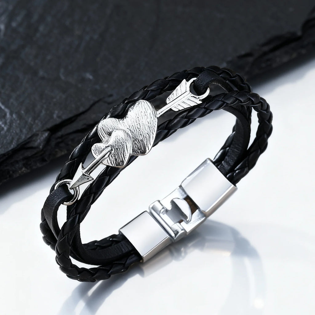 Arrow Piercing Heart Leather Bracelet for Men,Trendy Black PU Woven 3 Layers Bracelet,Gift for Husband Boyfriend