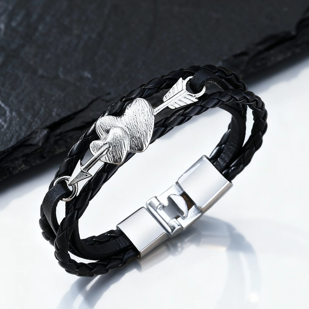 Arrow Piercing Heart Leather Bracelet for Men,Trendy Black PU Woven 3 Layers Bracelet,Gift for Husband Boyfriend
