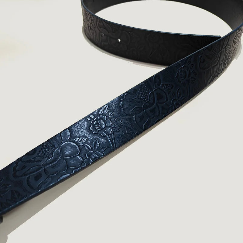 Western Cowboy Leather Belts Longhorn Bull Buckle Pattern Floral Engraved Belt for Men Gothic Accessories Jeans Waistband Male